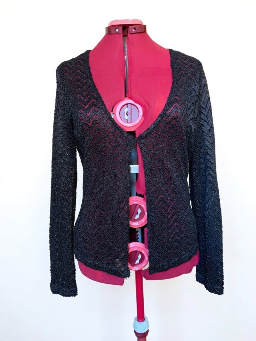 Vintage Sheer Black Chevron Crochet Open-Front Cardigan – Size XL